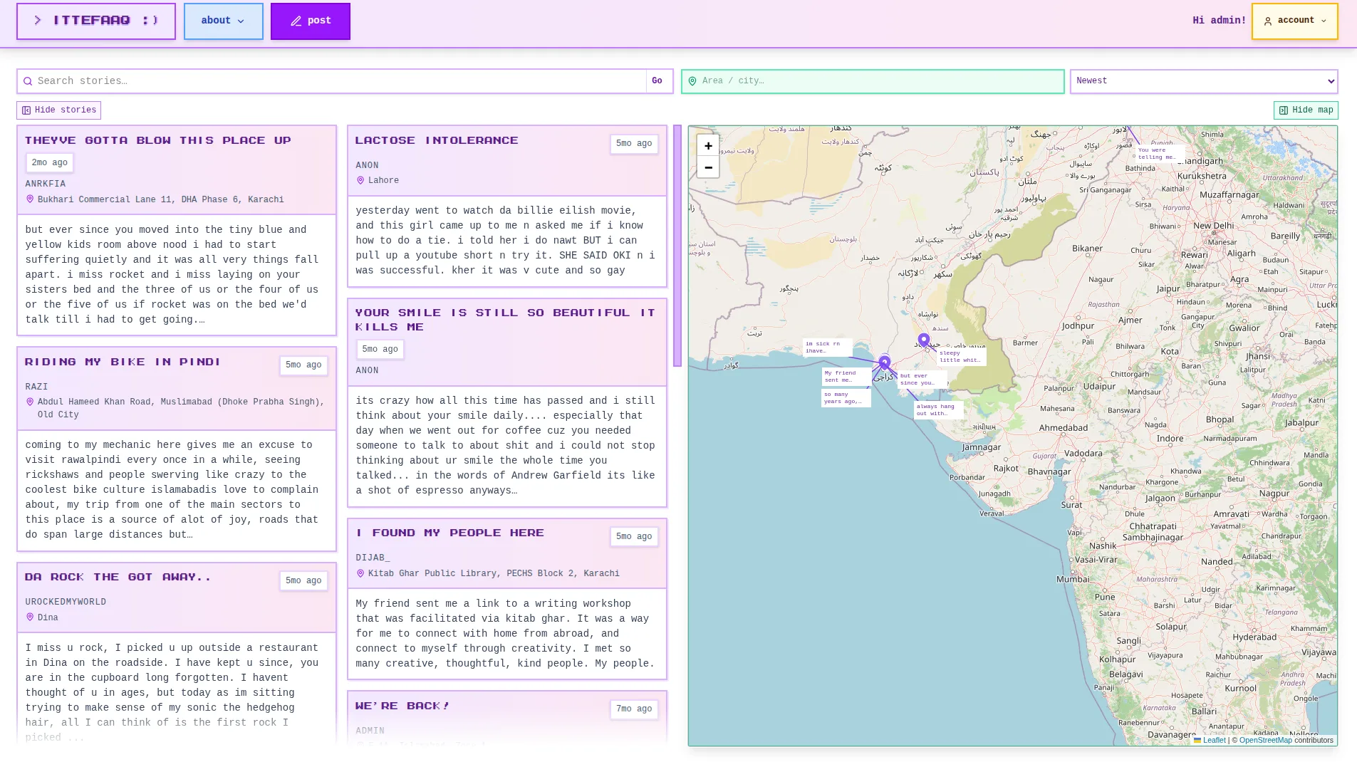 Ittefaaq story feed with searchable, location-tagged story cards beside a regional map.