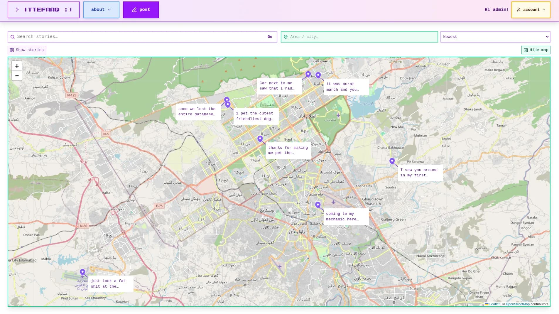 Ittefaaq map of Islamabad and Rawalpindi with a pinned story teased at each location.