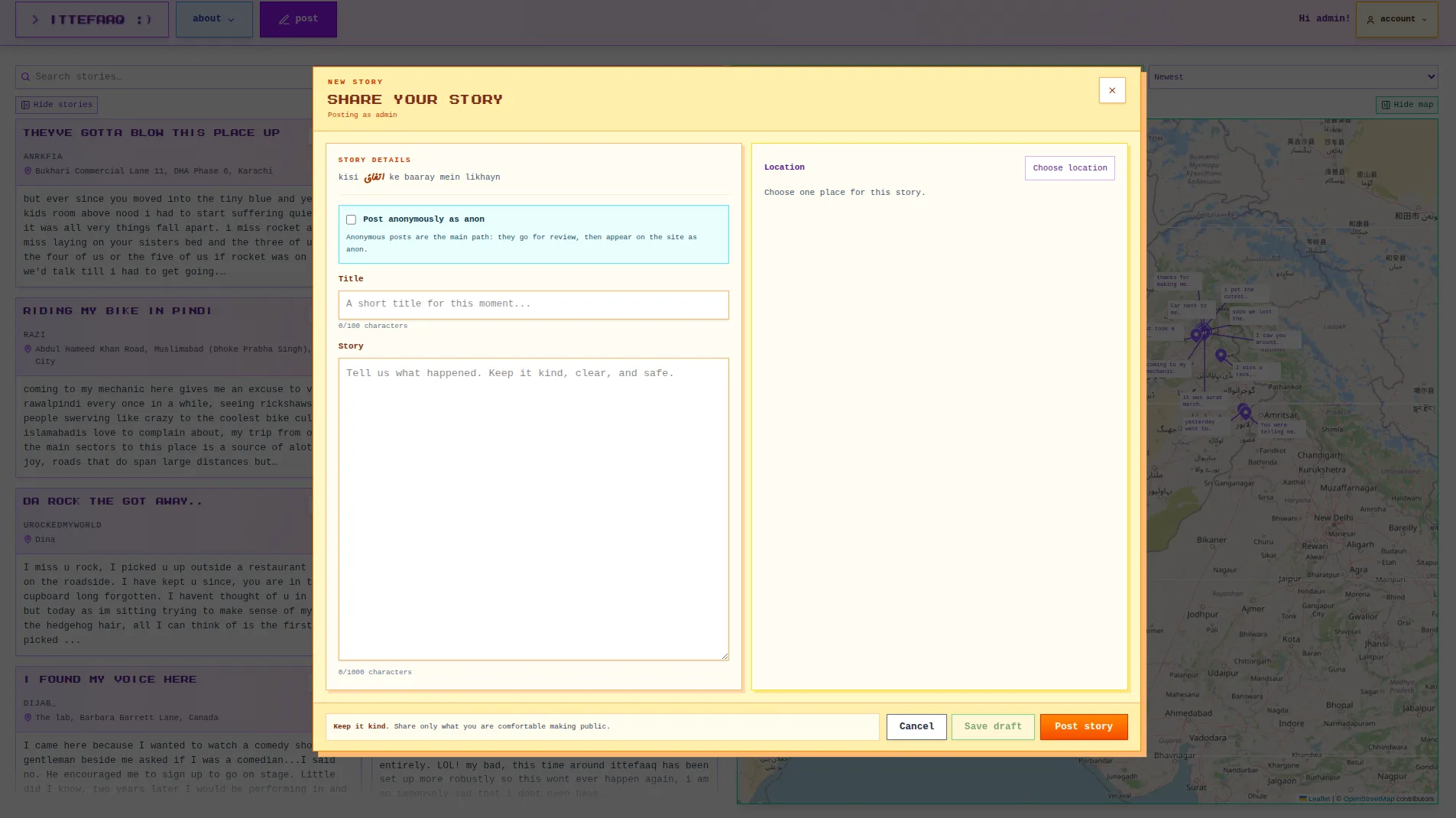 Ittefaaq share your story form with a title, story field, and location picker.