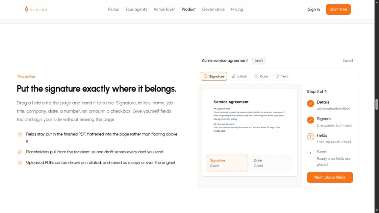 PlutusDoc landing page demonstrating document fields and the signing checklist.