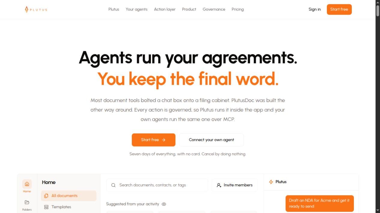 PlutusDoc public landing page showing the product introduction and workspace preview.