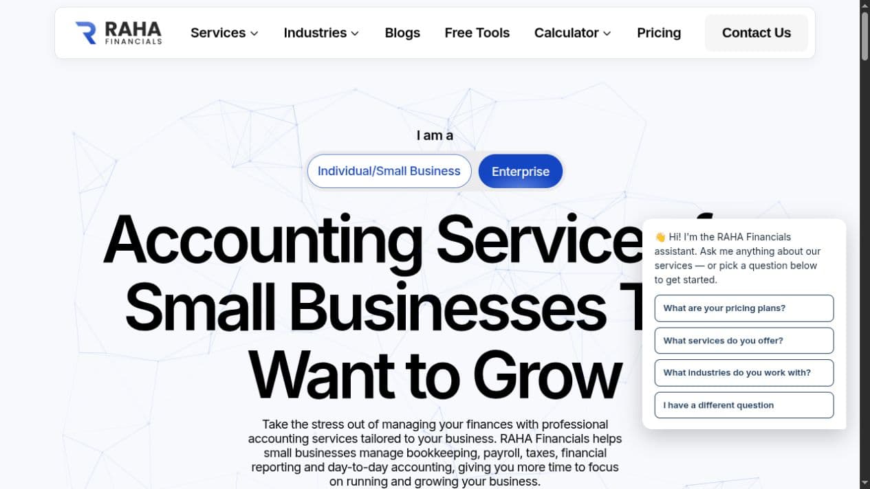 RAHA Financials accounting services website.