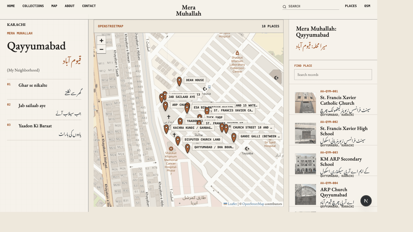 Mera Muhallah map with place index and collection rail.